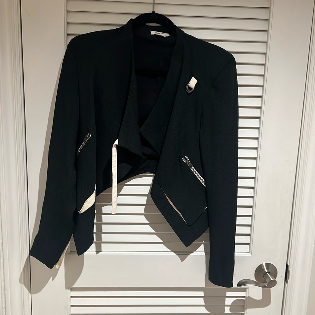 Helmut Lang Sugar Cropped Black Jacket With White Leather Accents, Size 0